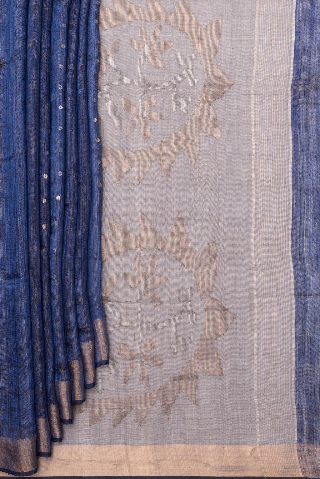 Pleats and pallu of Pure Silk Dark Blue Tussar Saree with Embroidery on the body and Zari Border. 
