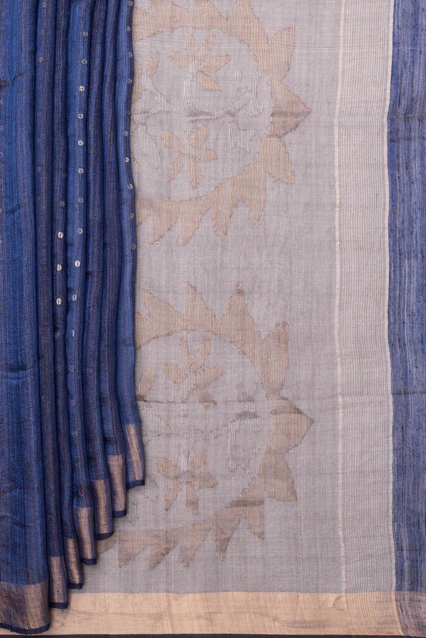 Pleats and pallu of Pure Silk Dark Blue Tussar Saree with Embroidery on the body and Zari Border. 