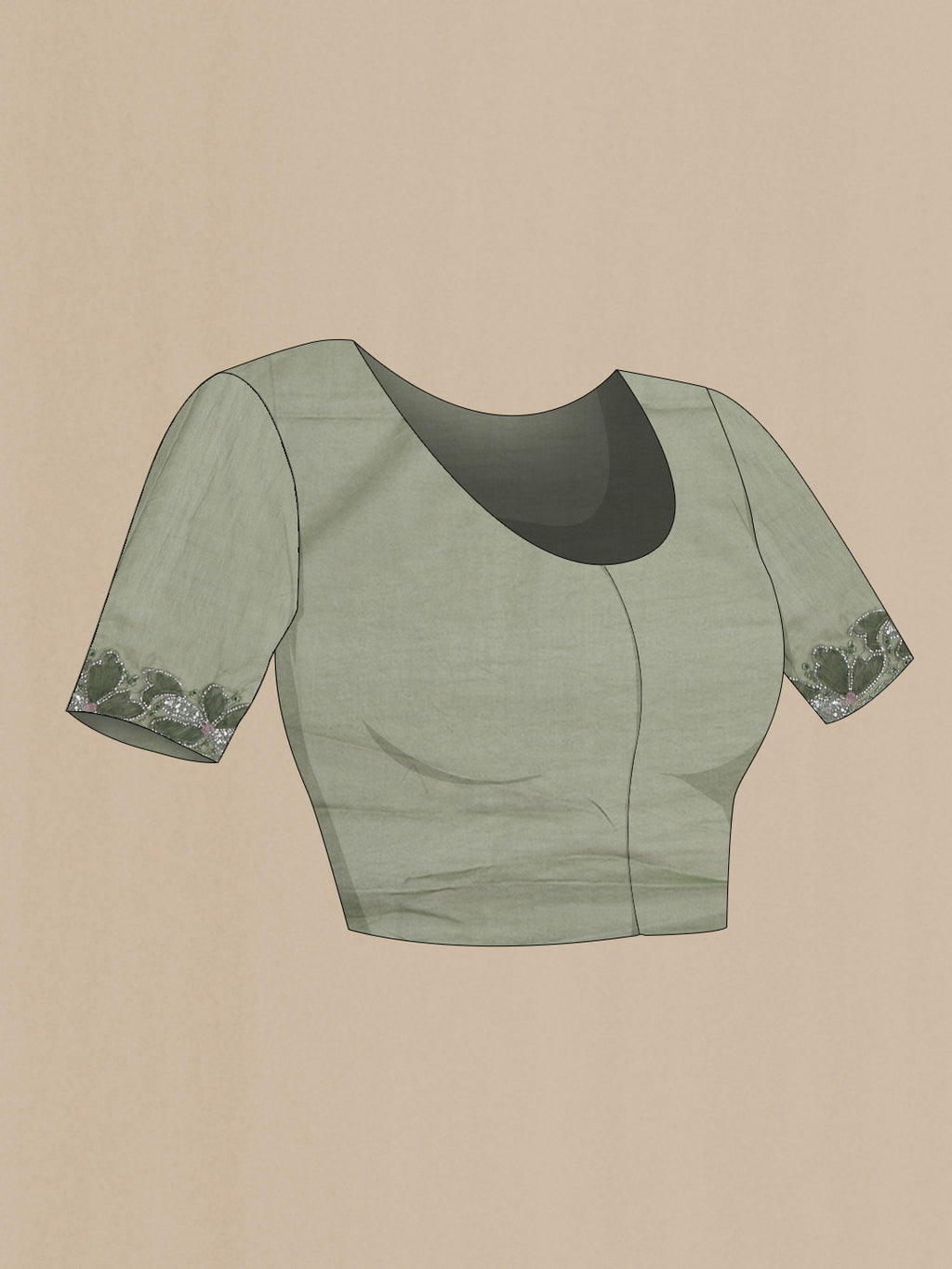 Close up image of the blouse of Olive Green Organza Silk Saree with Embroidery on the body and Embroidery Border. 