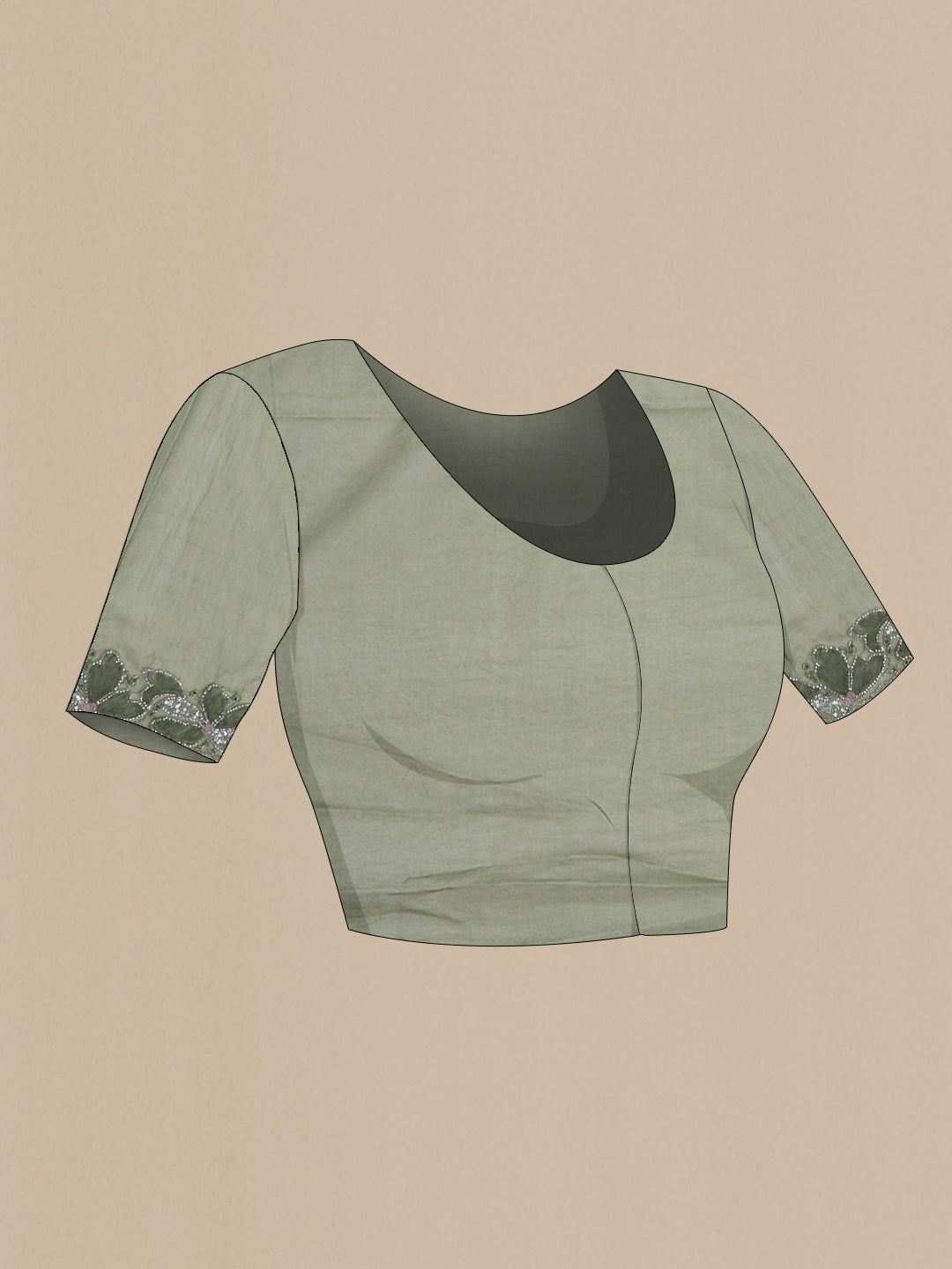 Close up image of the blouse of Olive Green Organza Silk Saree with Embroidery on the body and Embroidery Border. 