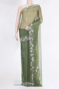 Olive Green Organza Silk Saree with Embroidery on the body and Embroidery Border.  displayed on a mannequin