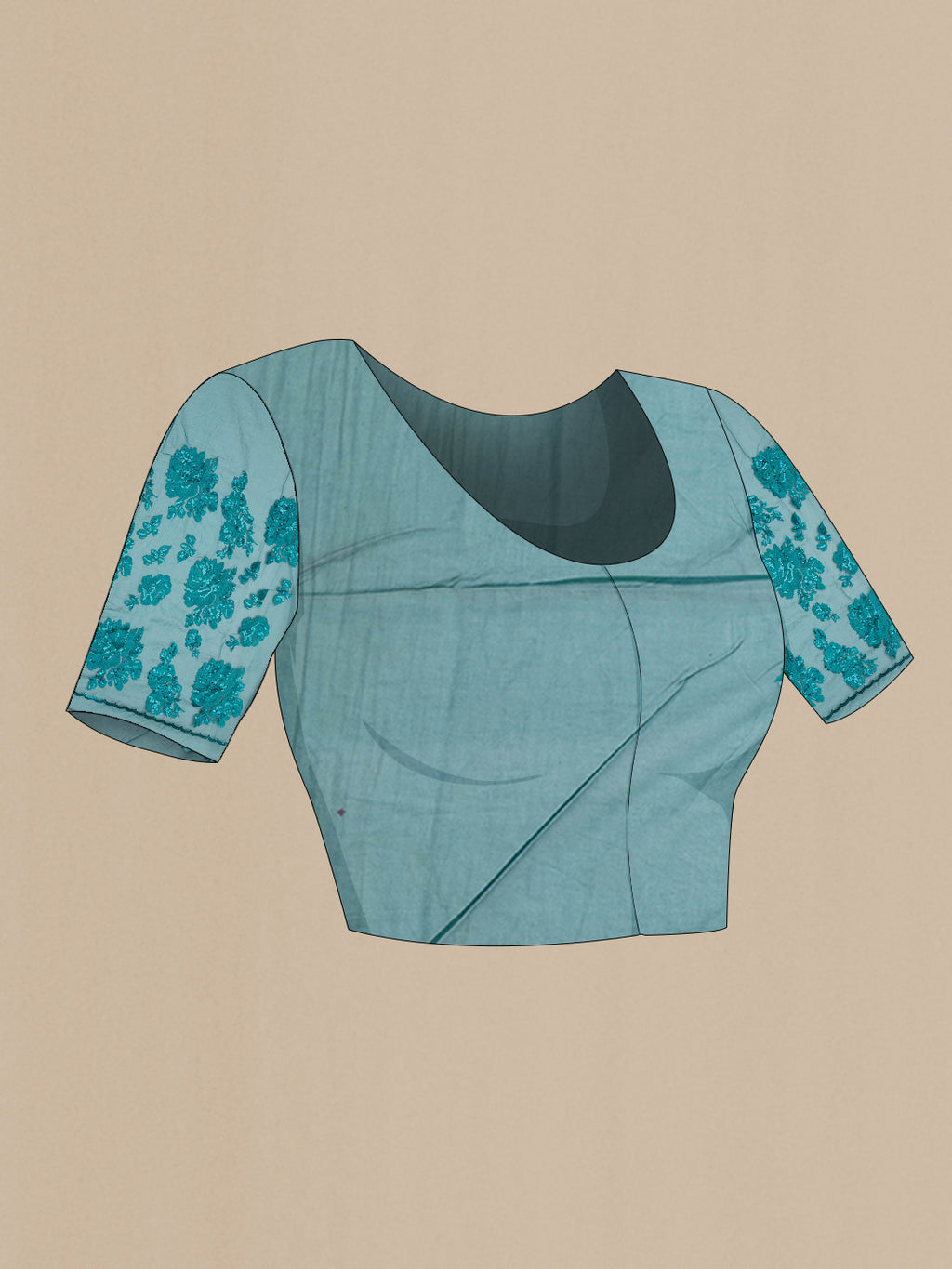 Close up image of the blouse of Green Blended Organza Silk Saree with Embroidery on the body and Embroidery Border. 
