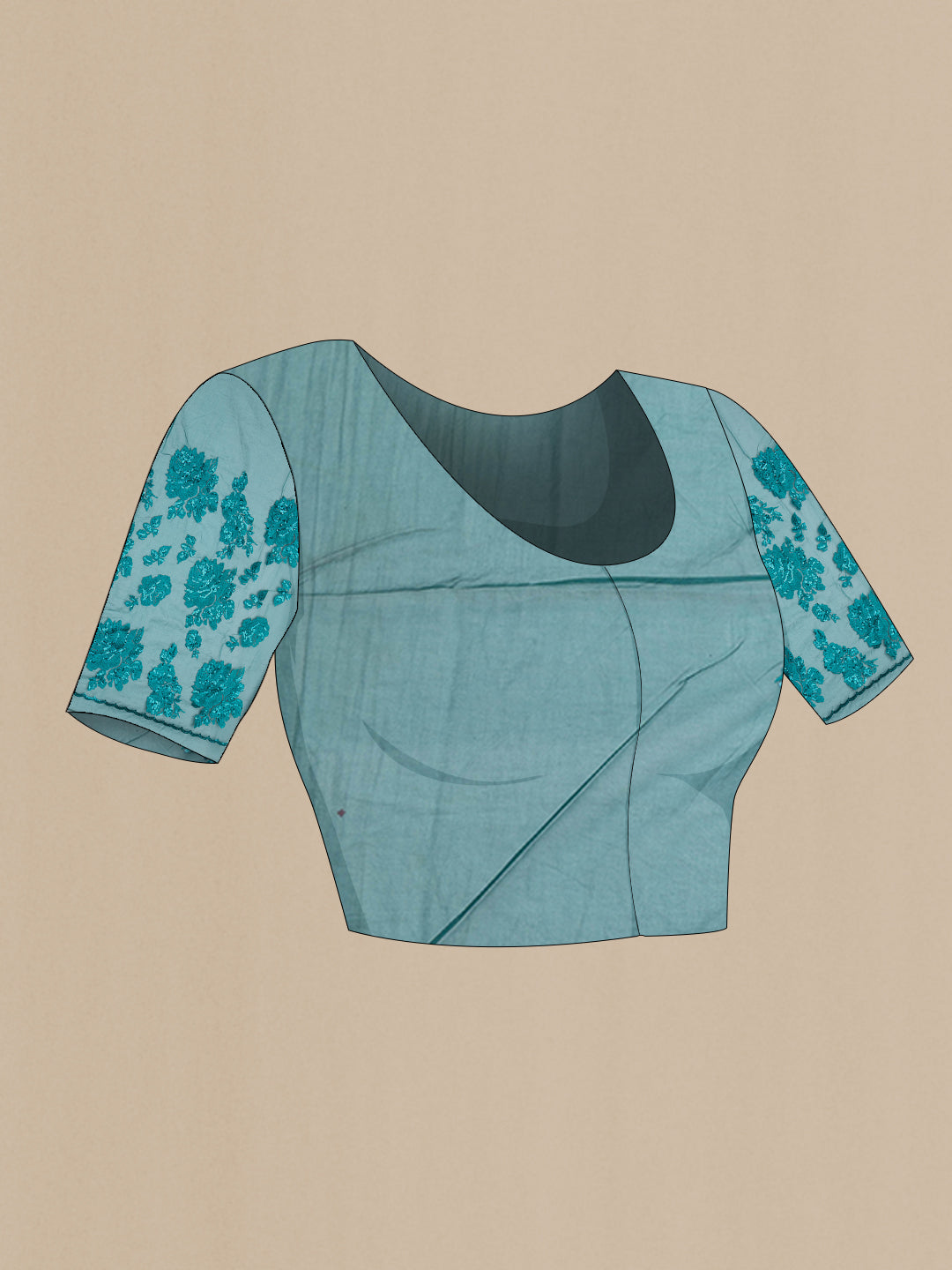 Close up image of the blouse of Green Blended Organza Silk Saree with Embroidery on the body and Embroidery Border. 