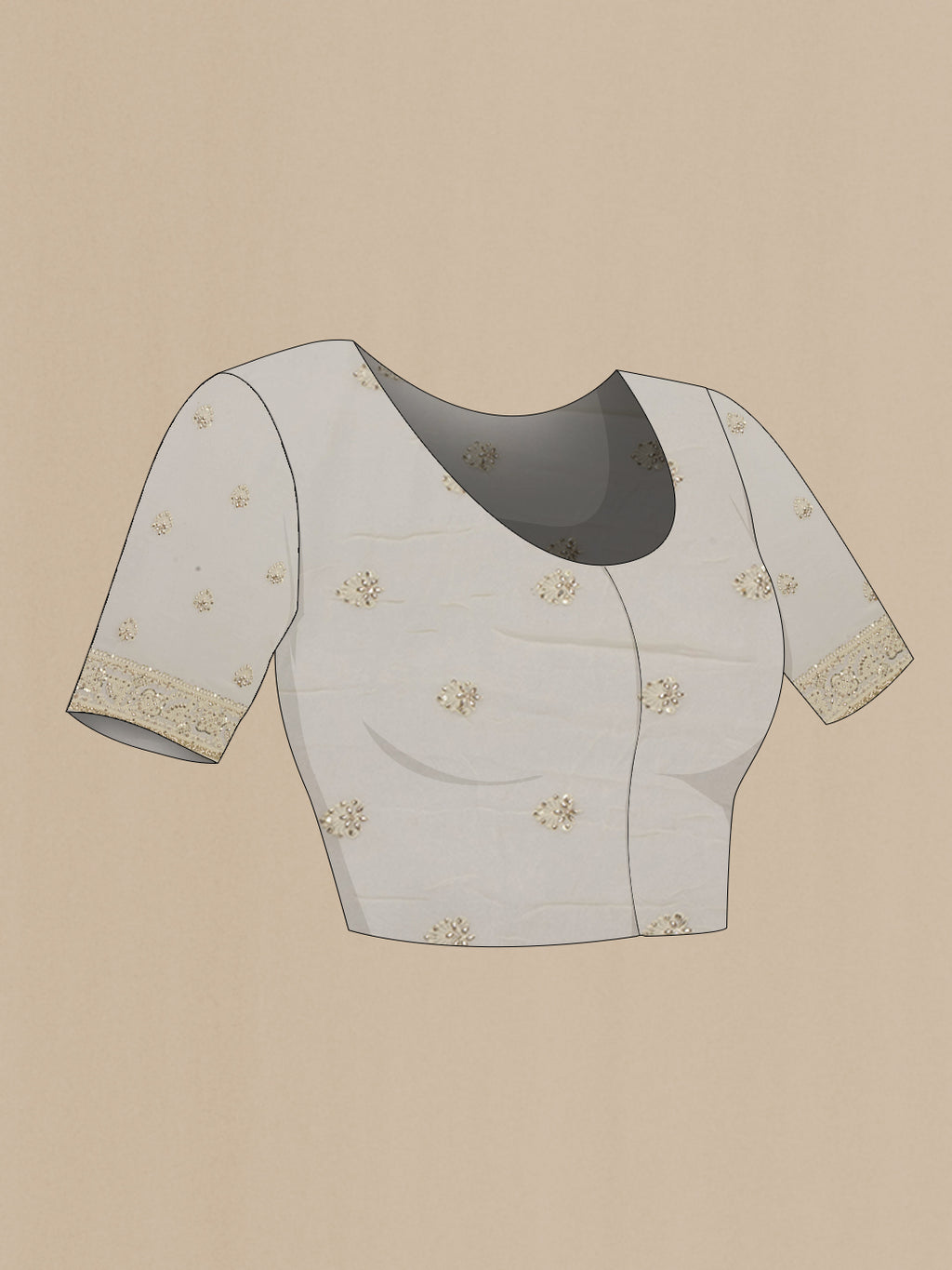 Close up image of the blouse of Off White Dual Tone Georgette Saree with Embroidery on the body and Sequin Border. 