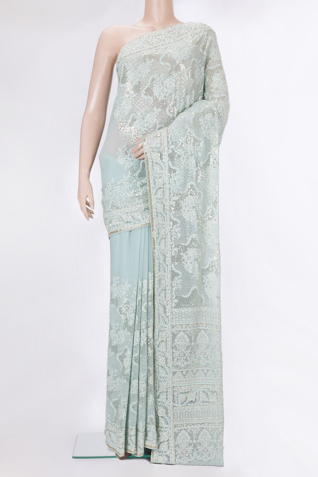 Light Blue Dual Tone Georgette Saree with Embroidery on the body and Sequin Border.  displayed on a mannequin