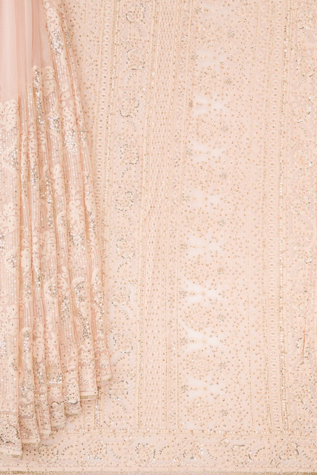 Pleats and pallu of Peach Dual Tone Mysore Georgette Saree with Embroidered on the body and Sequin Border. 