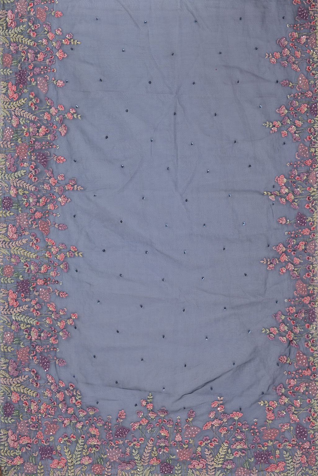 Flat view of Pure Silk Navy Blue Dual Tone Organza Saree with Embroidery on the body and Sequin Border. 