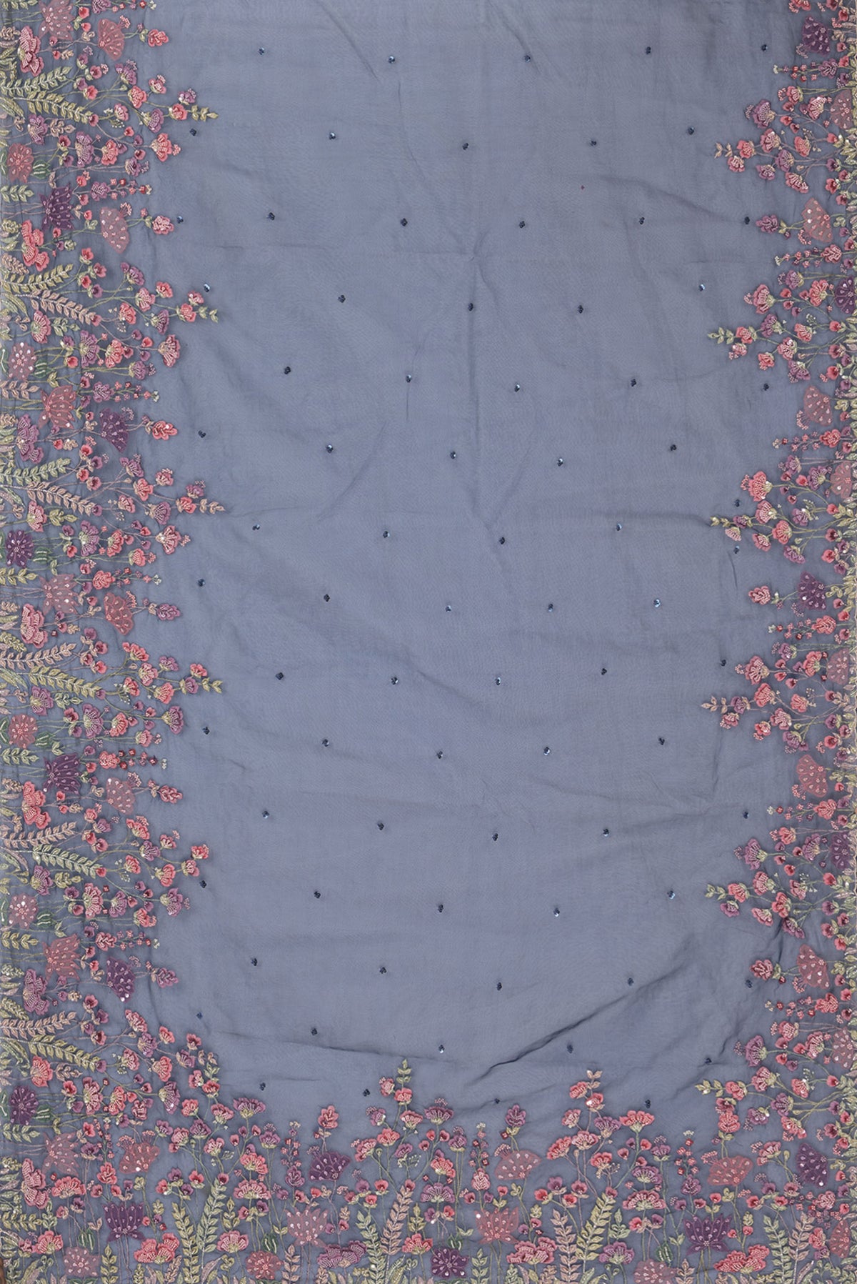 Flat view of Pure Silk Navy Blue Dual Tone Organza Saree with Embroidery on the body and Sequin Border. 