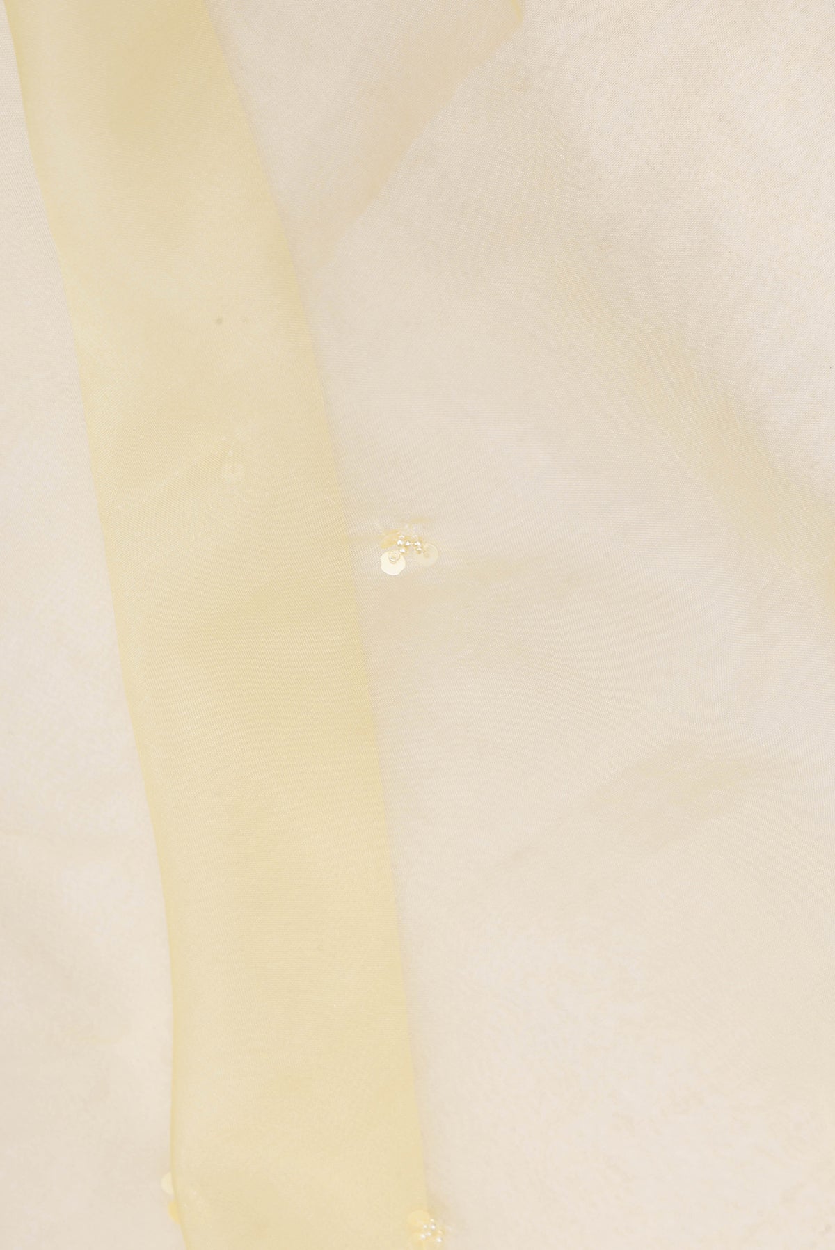Close up of Lemon Yellow Organza Saree with Embroidered on the body and Embroidered Border.  displaying folds