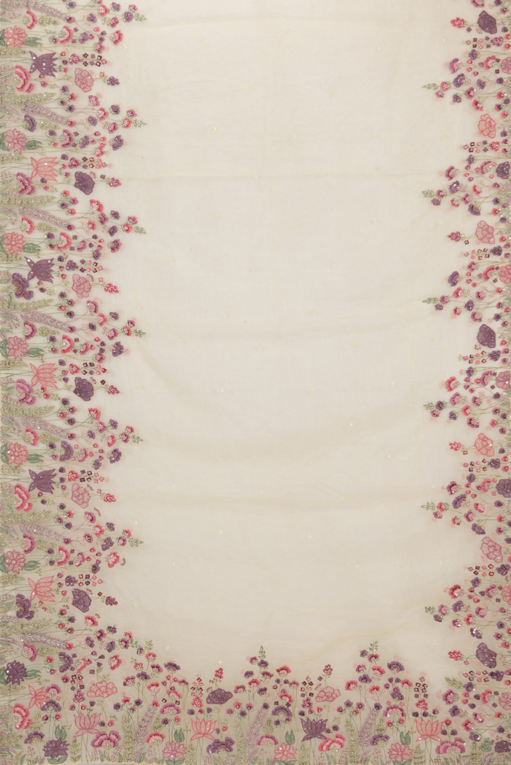 Flat view of Lemon Yellow Organza Saree with Embroidered on the body and Embroidered Border. 