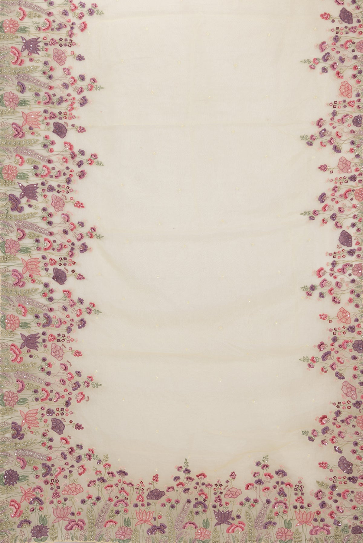Flat view of Lemon Yellow Organza Saree with Embroidered on the body and Embroidered Border. 