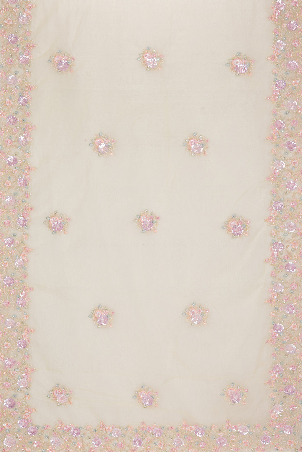 Flat view of Lemon Yellow Organza Saree with Embroidered on the body and Sequin Border. 