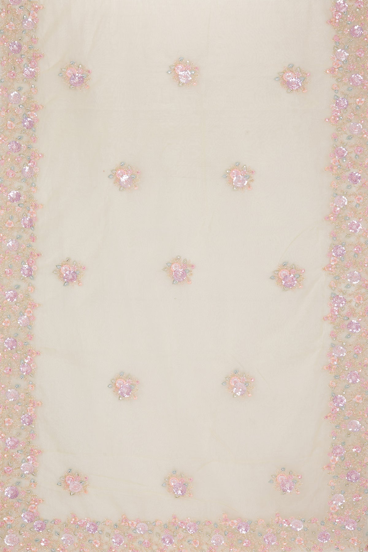 Flat view of Lemon Yellow Organza Saree with Embroidered on the body and Sequin Border. 