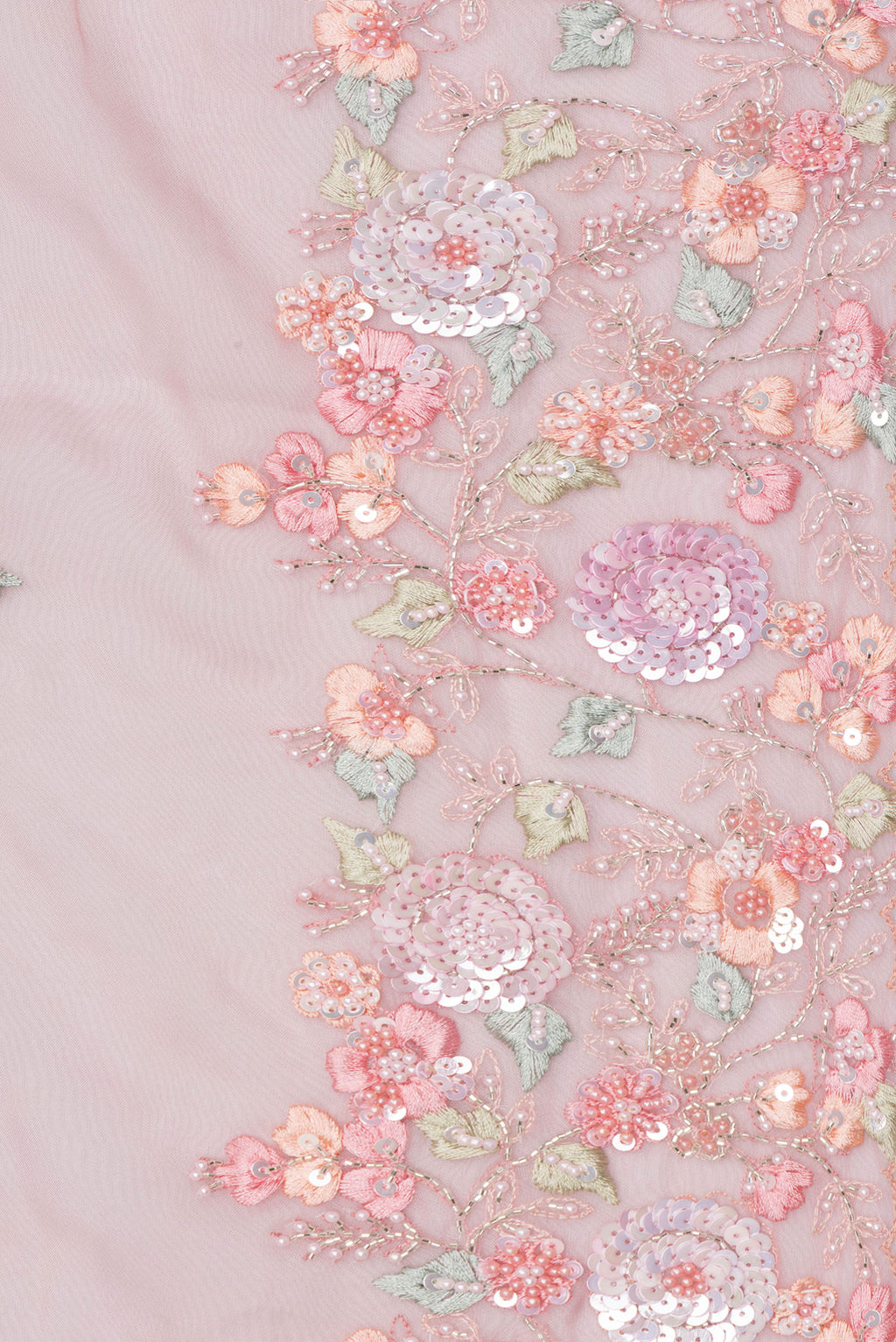Border image of Pure Silk Pink Dual Tone Organza Saree with Embroidery on the body and Sequin Border. 