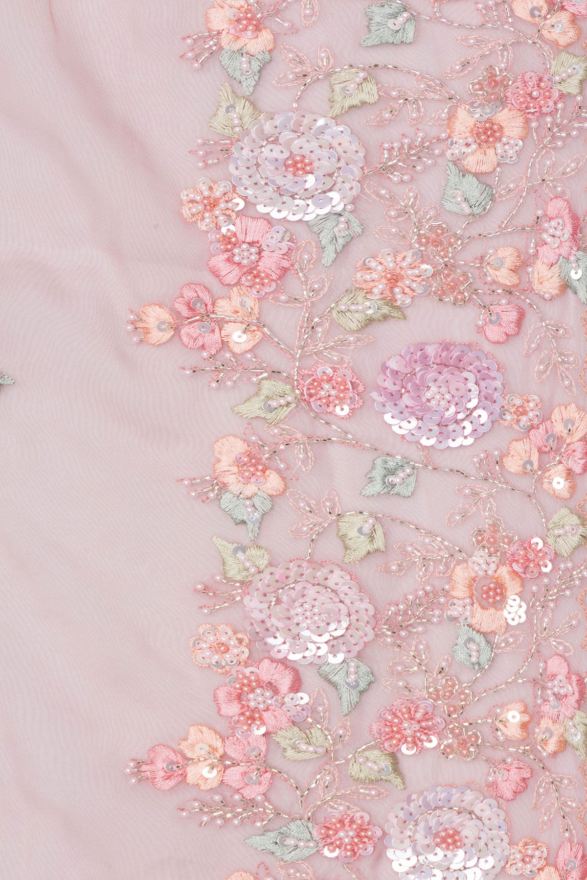 Border image of Pure Silk Pink Dual Tone Organza Saree with Embroidery on the body and Sequin Border. 