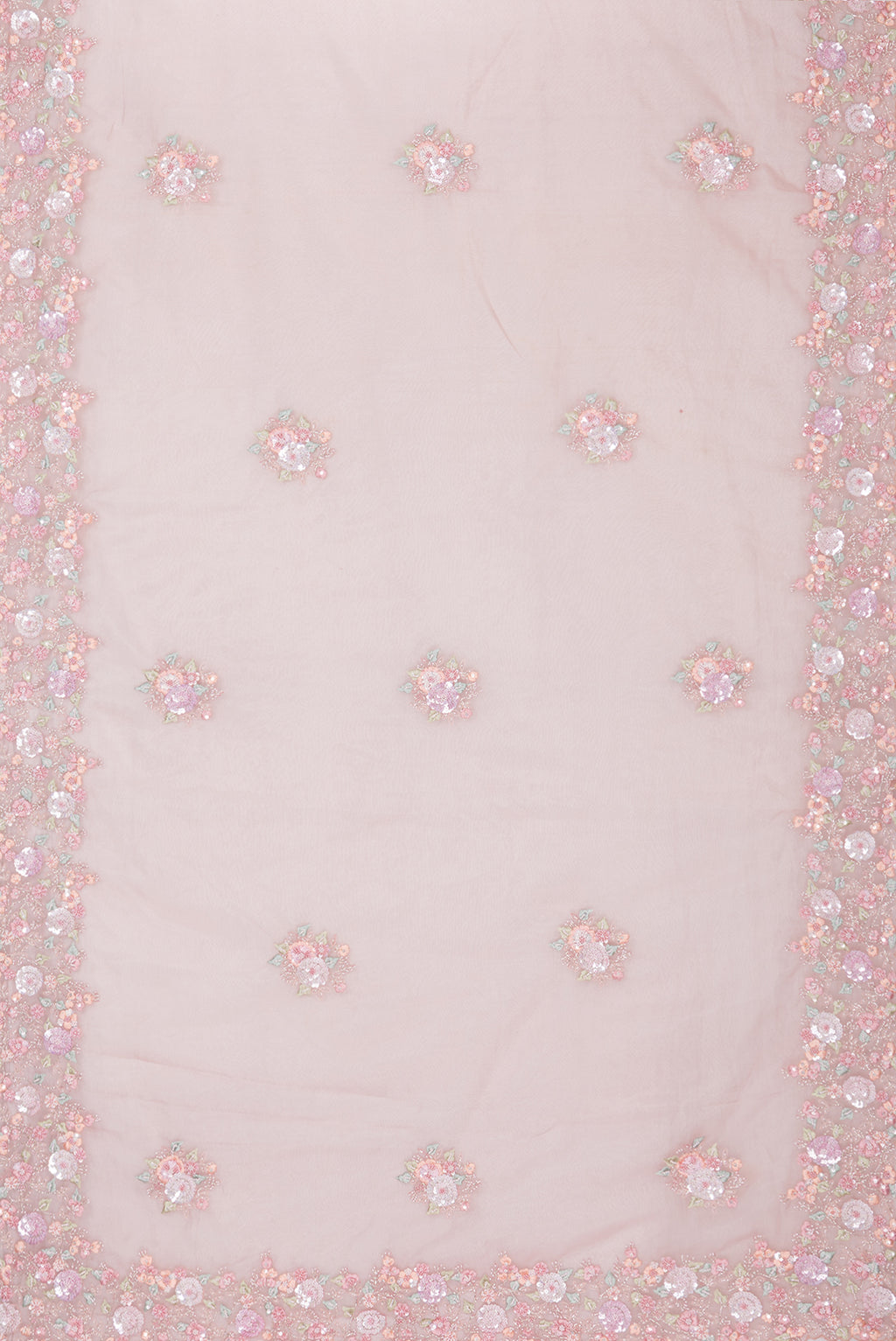 Flat view of Pure Silk Pink Dual Tone Organza Saree with Embroidery on the body and Sequin Border. 
