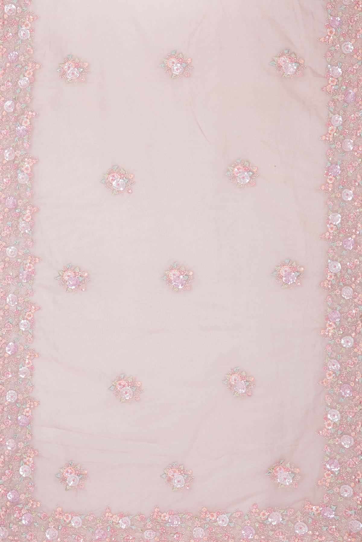Flat view of Pure Silk Pink Dual Tone Organza Saree with Embroidery on the body and Sequin Border. 