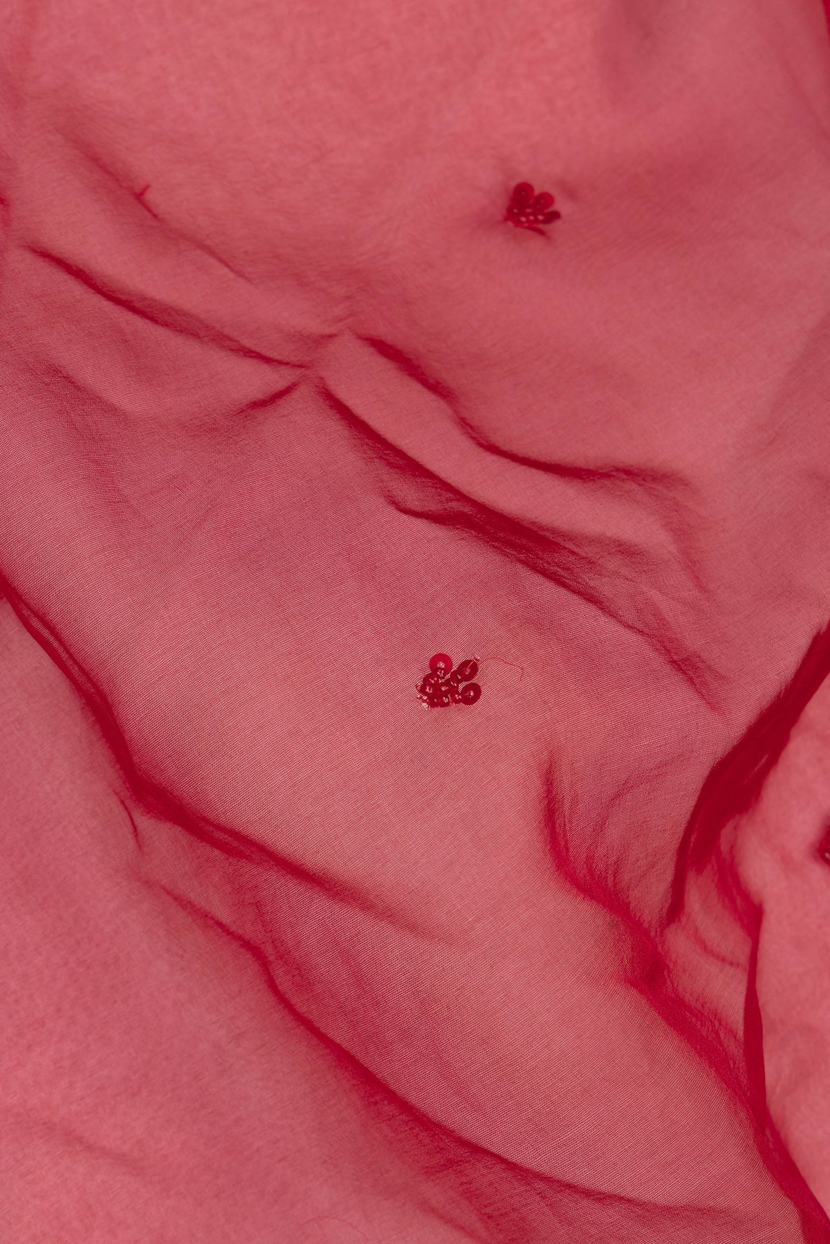 Close up of Red Organza Saree with Embroidered on the body and Sequin Border.  displaying folds