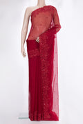 Red Organza Saree with Embroidered on the body and Sequin Border.  displayed on a mannequin