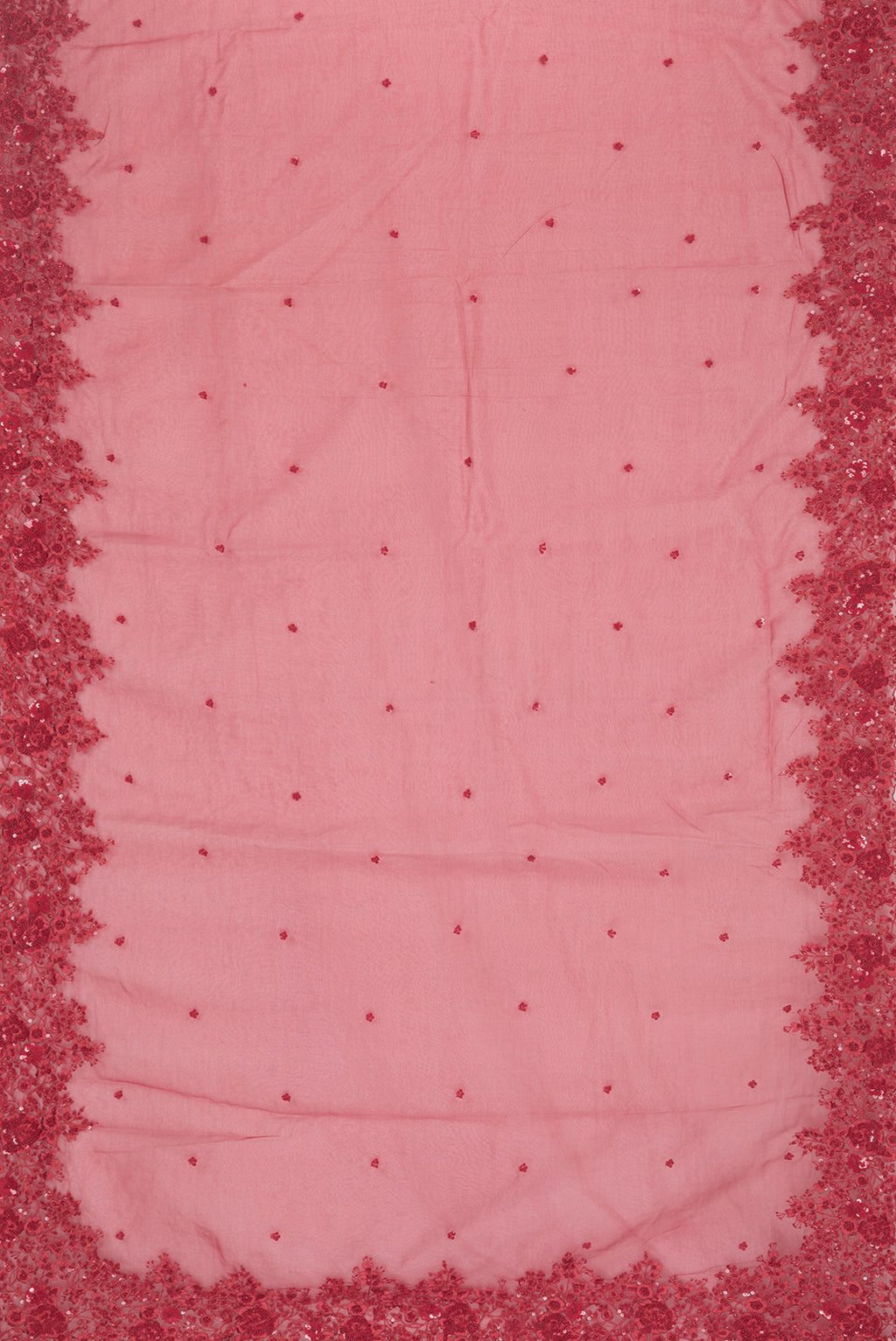 Flat view of Red Organza Saree with Embroidered on the body and Sequin Border. 
