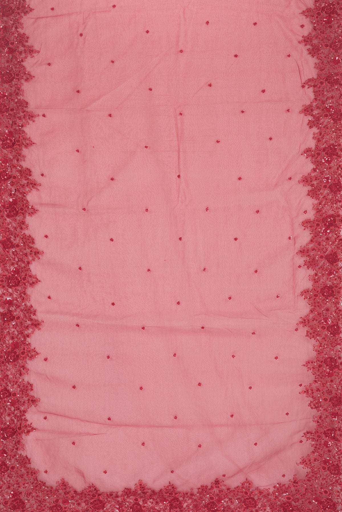 Flat view of Red Organza Saree with Embroidered on the body and Sequin Border. 