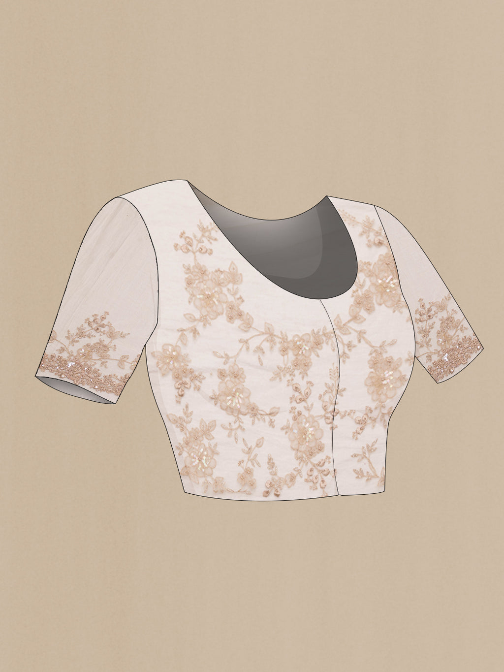 Close up image of the blouse of Beige Organza Saree with Embroidered on the body and Sequin Border. 