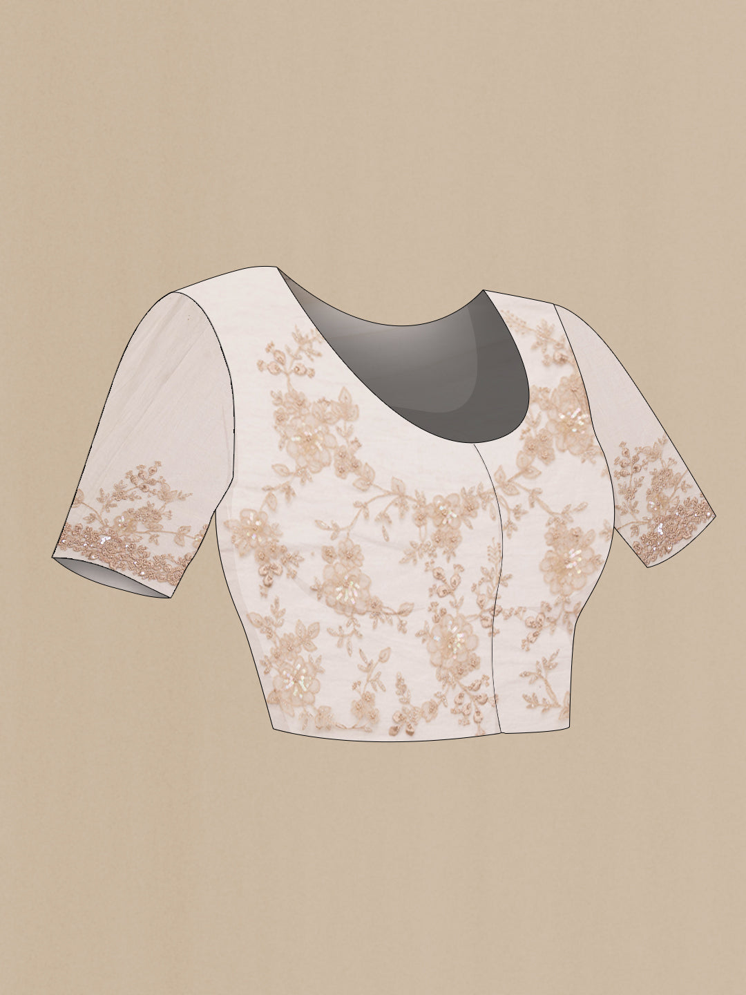 Close up image of the blouse of Beige Organza Saree with Embroidered on the body and Sequin Border. 