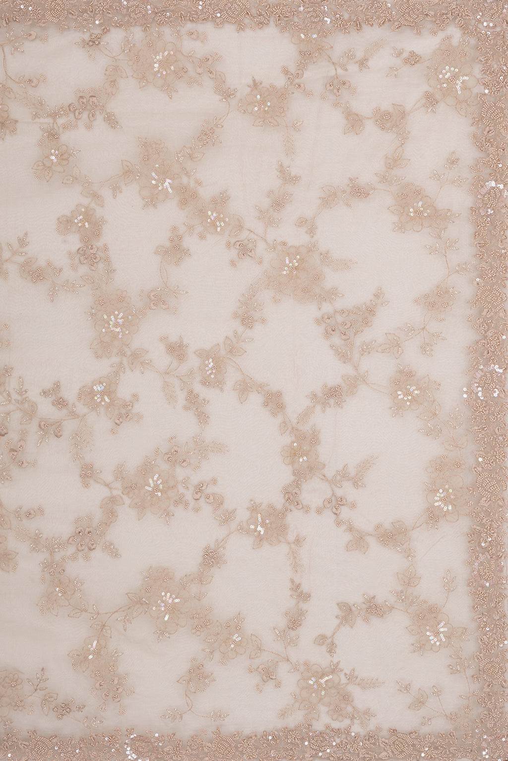 Close up image of the pallu of Beige Organza Saree with Embroidered on the body and Sequin Border. 