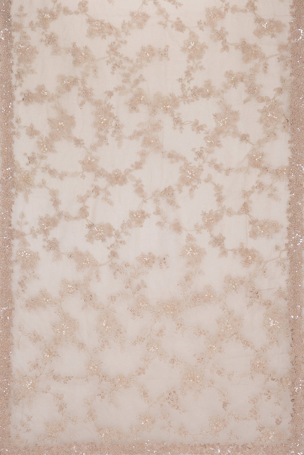 Flat view of Beige Organza Saree with Embroidered on the body and Sequin Border. 