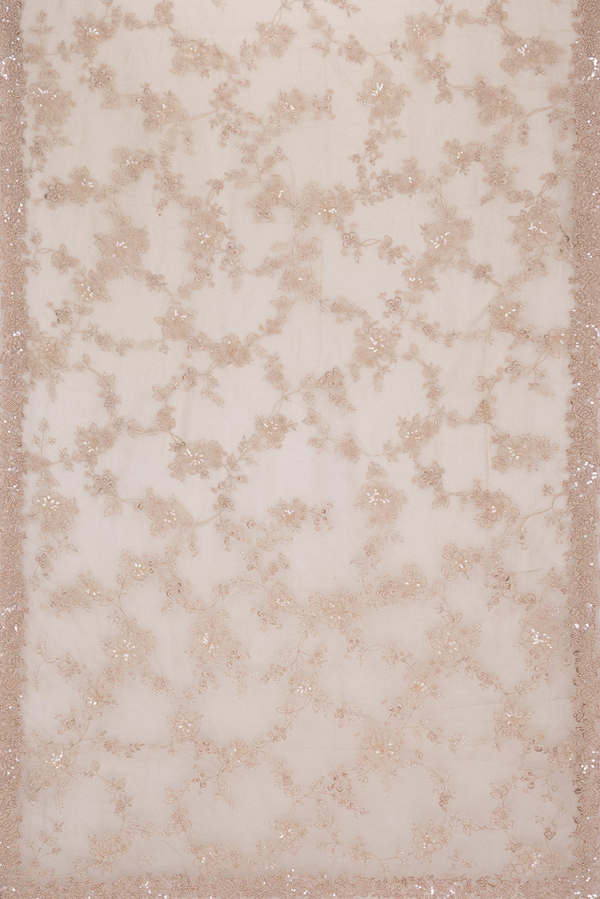 Flat view of Beige Organza Saree with Embroidered on the body and Sequin Border. 