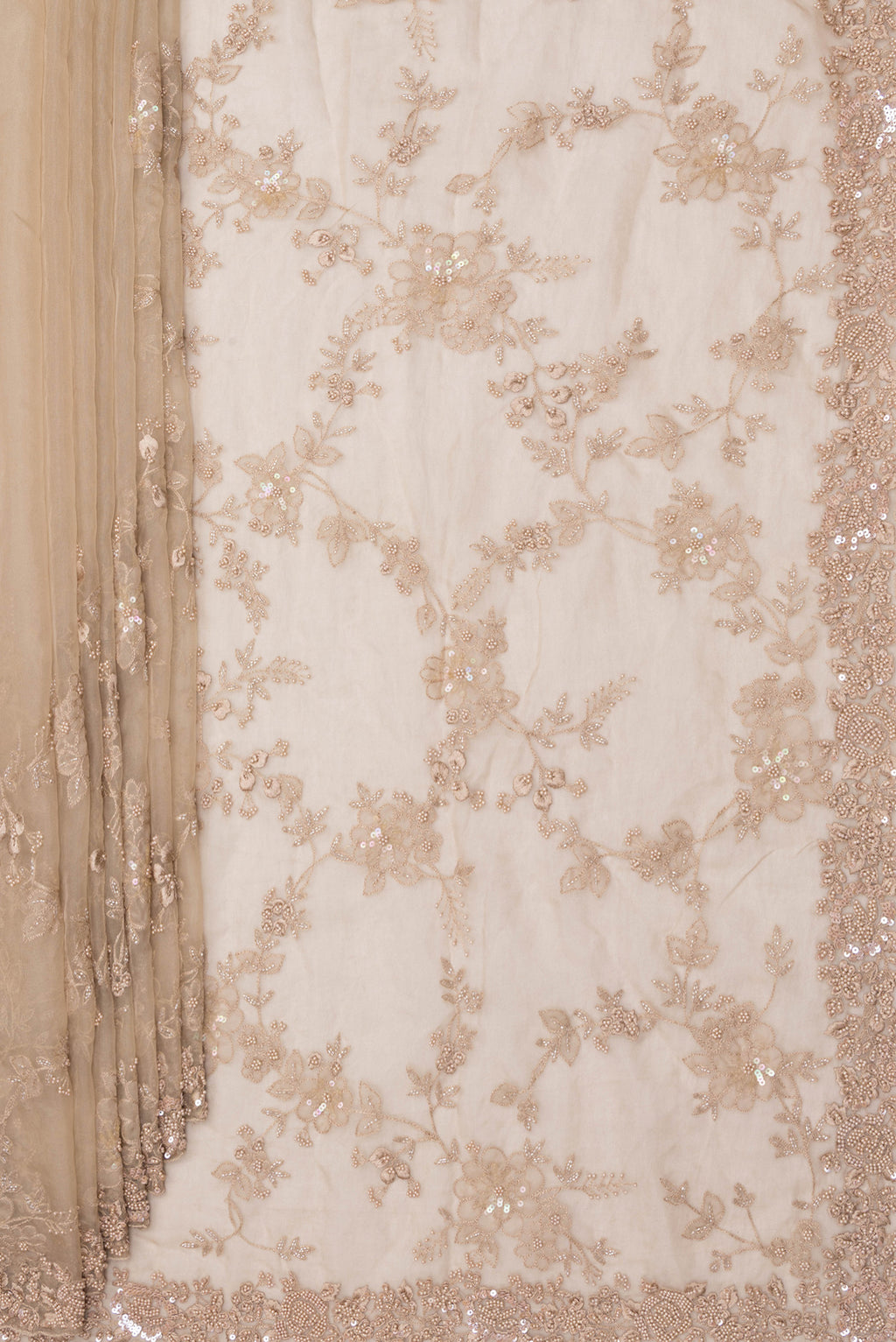 Pleats and pallu of Beige Organza Saree with Embroidered on the body and Sequin Border. 
