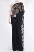 Pure Silk Black Organza Saree with Embroidered on the body and Embroidered Border.  displayed on a mannequin