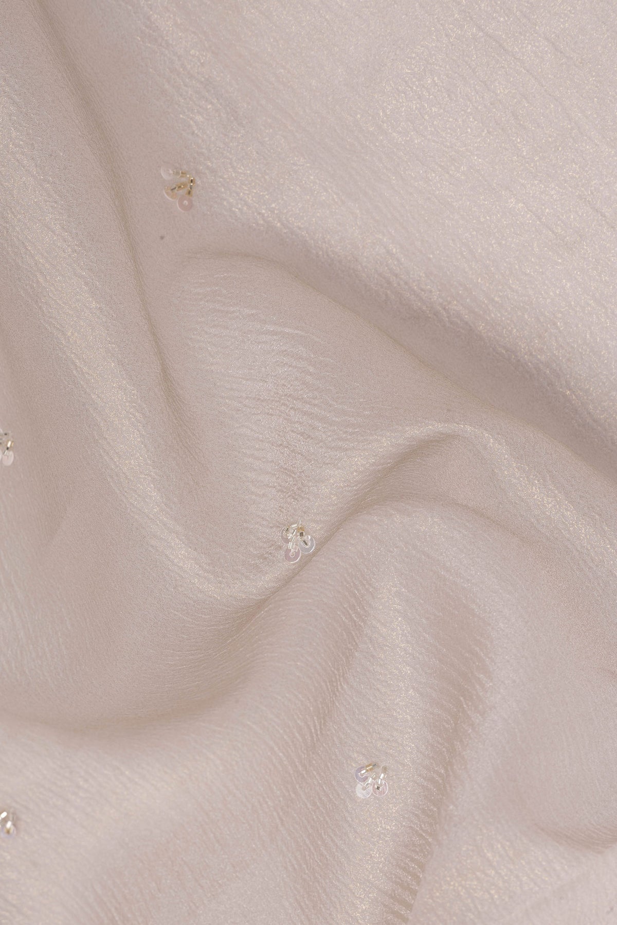 Close up of Beige Dual Tone Organza Saree with Embroidered on the body and Embroidered Border.  displaying folds