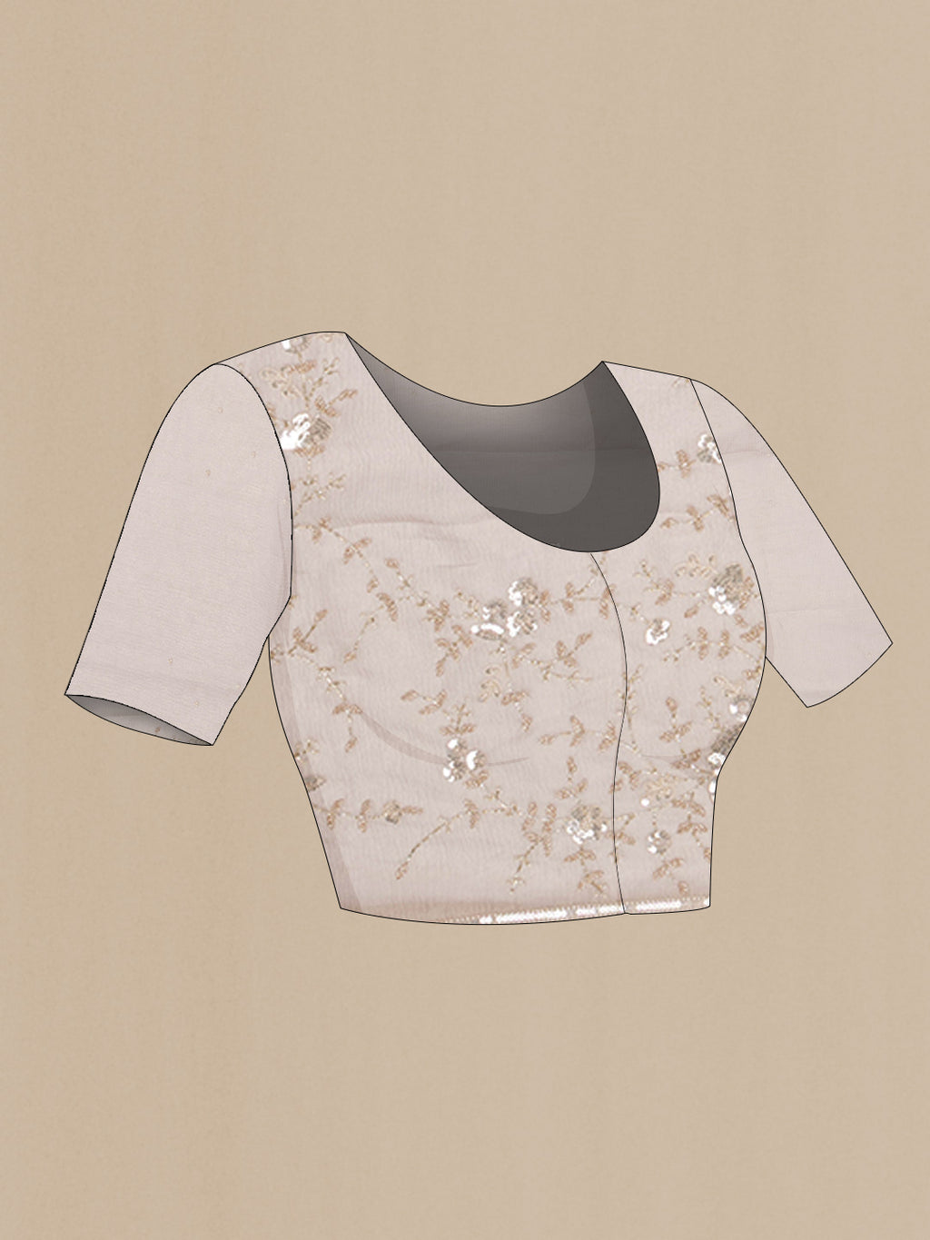Close up image of the blouse of Beige Organza Saree with Embroidered on the body and Embroidered Border. 