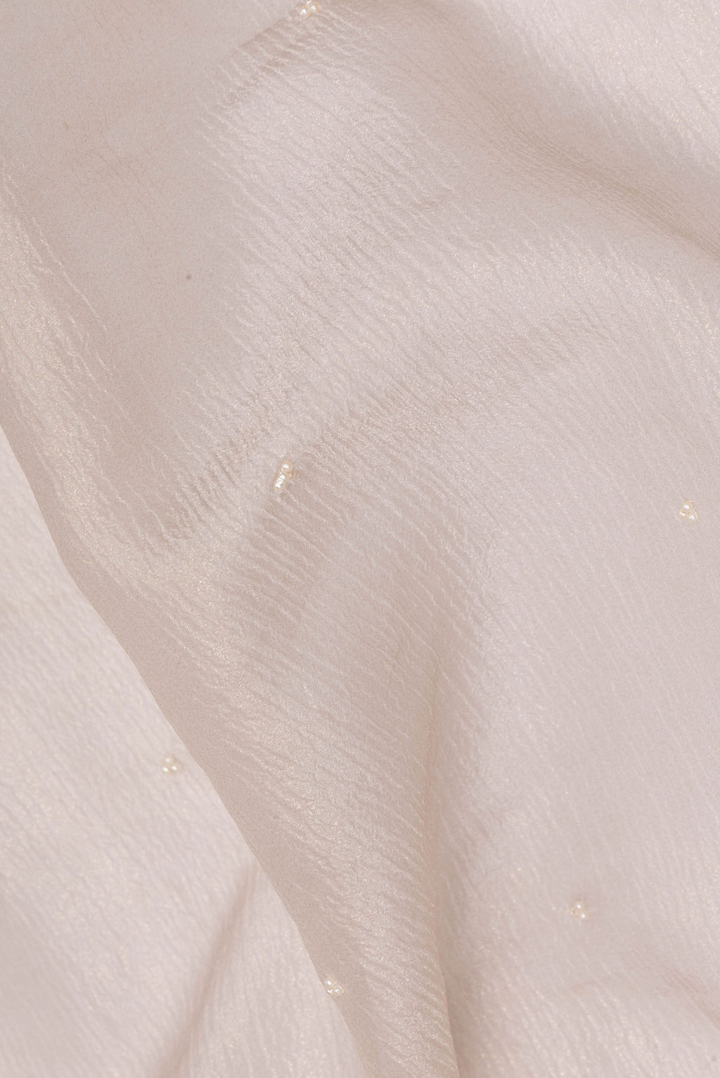 Close up of Beige Organza Saree with Embroidered on the body and Embroidered Border.  displaying folds