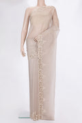 Beige Organza Saree with Embroidered on the body and Embroidered Border.  displayed on a mannequin