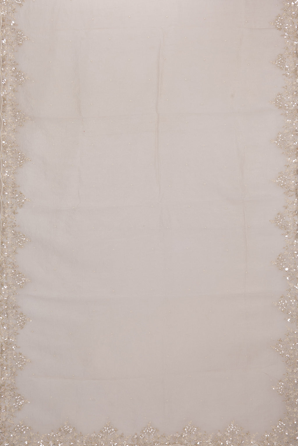 Flat view of Beige Organza Saree with Embroidered on the body and Embroidered Border. 