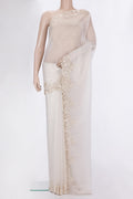 Off White Organza Saree with Embroidered on the body and Embroidered Border.  displayed on a mannequin