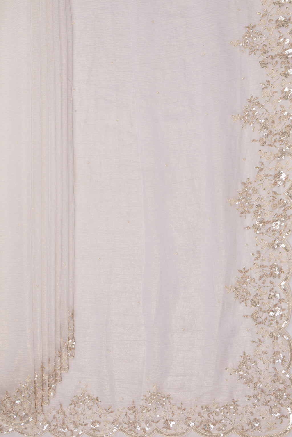 Pleats and pallu of Off White Organza Saree with Embroidered on the body and Embroidered Border. 
