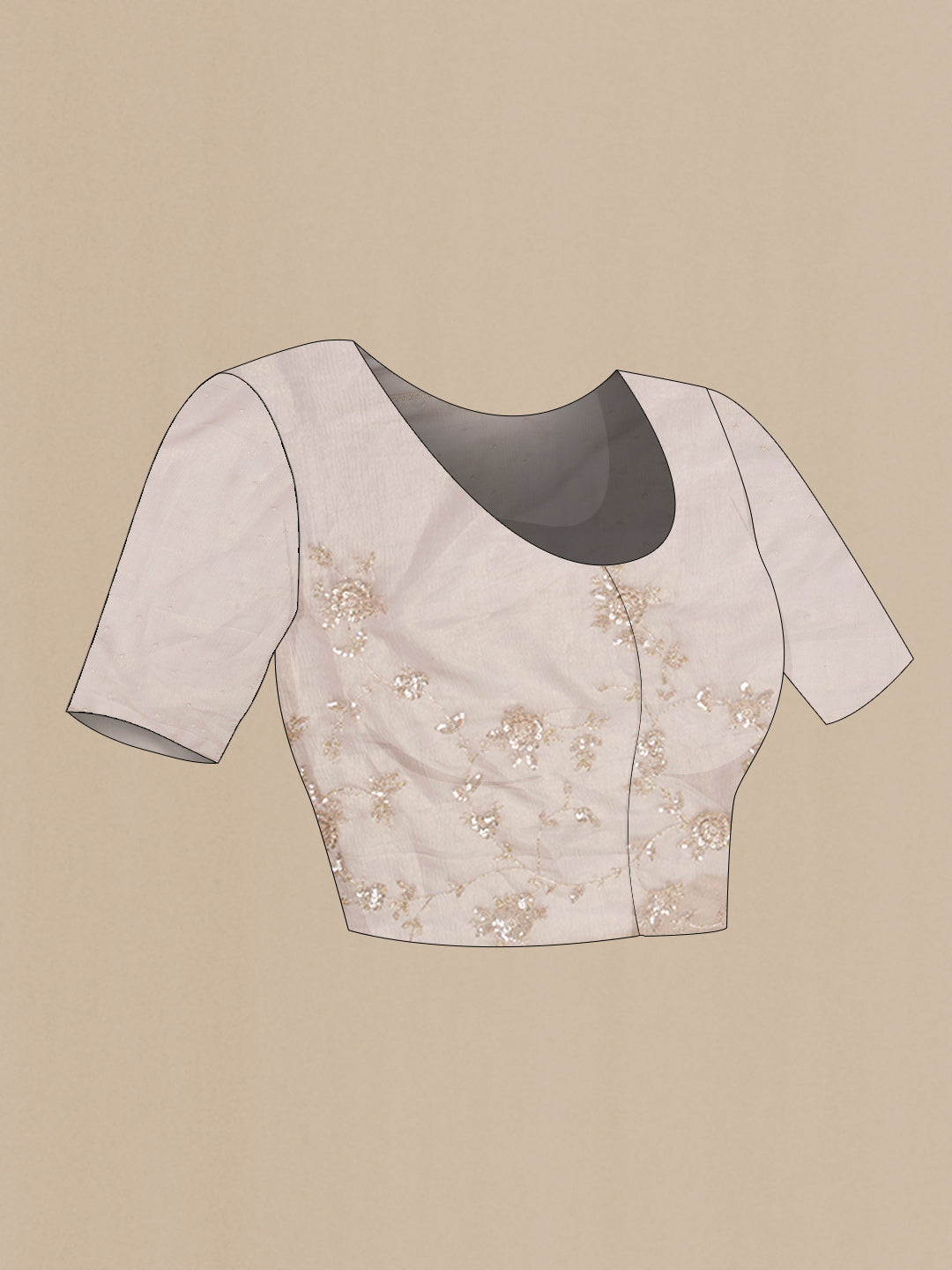 Close up image of the blouse of Beige Dual Tone Organza Saree with Embroidered on the body and Sequin Border. 