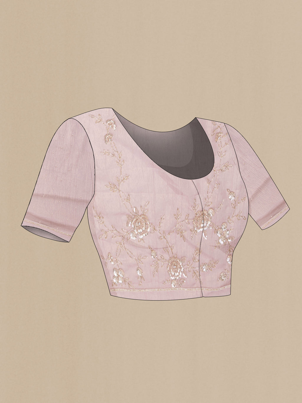 Close up image of the blouse of Rose Gold Dual Tone Organza Saree with Embroidered on the body and Embroidered Border. 