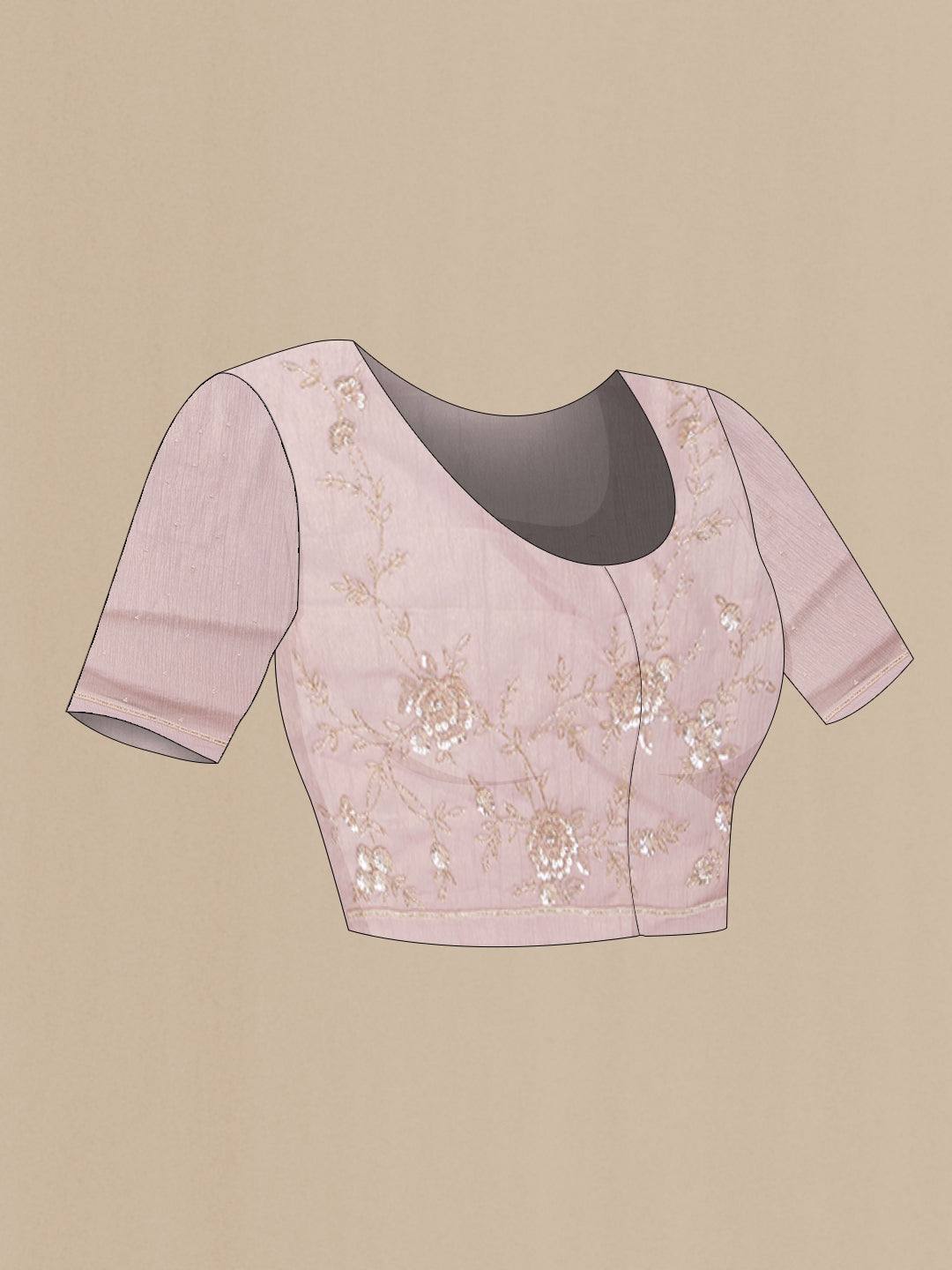 Close up image of the blouse of Rose Gold Dual Tone Organza Saree with Embroidered on the body and Embroidered Border. 