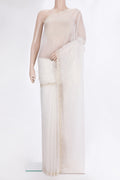 Off White Dual Tone Organza Saree with Embroidered on the body and Embroidered Border.  displayed on a mannequin