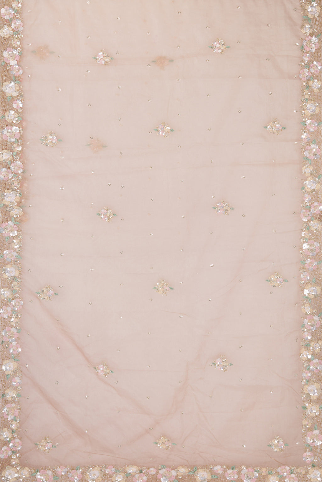 Flat view of Rose Gold Organza Saree with Embroidered on the body and Sequin Border. 