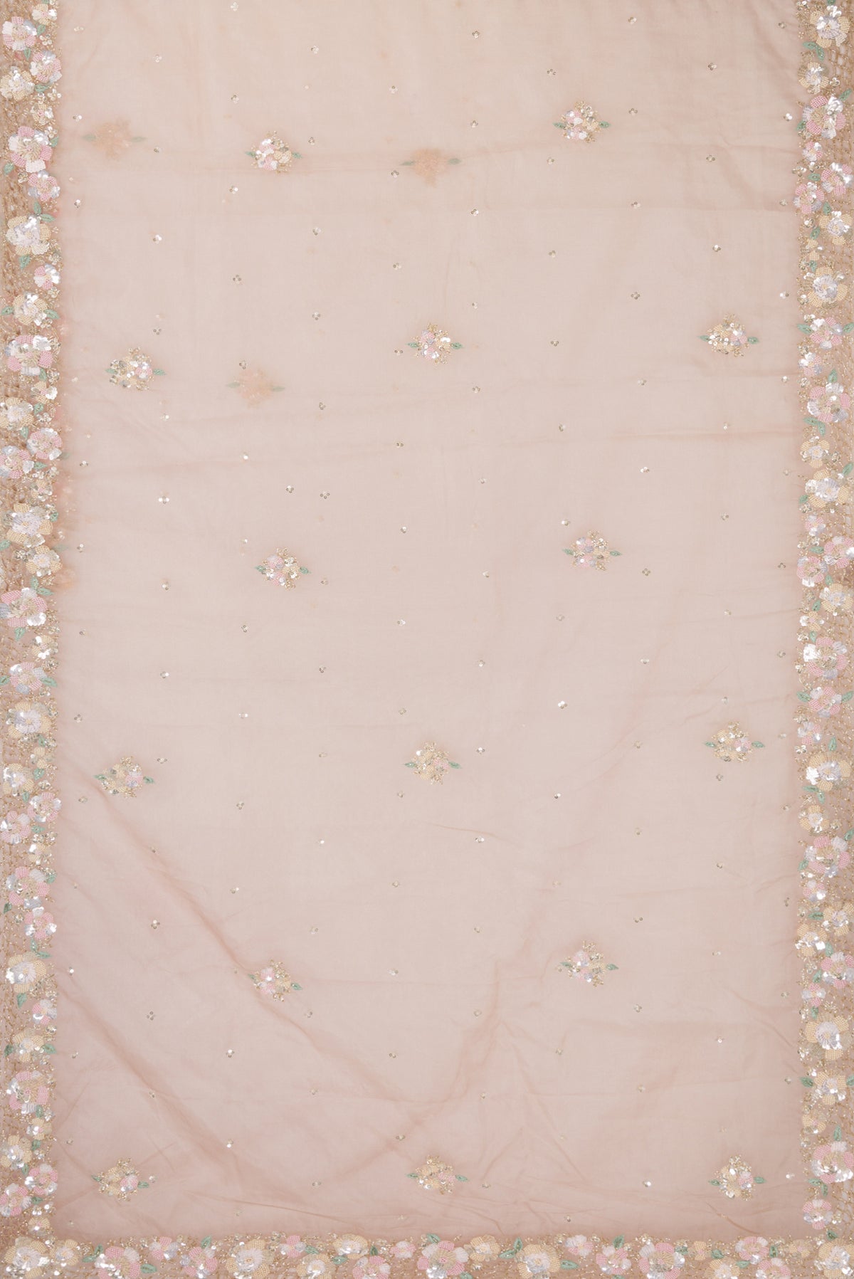Flat view of Rose Gold Organza Saree with Embroidered on the body and Sequin Border. 