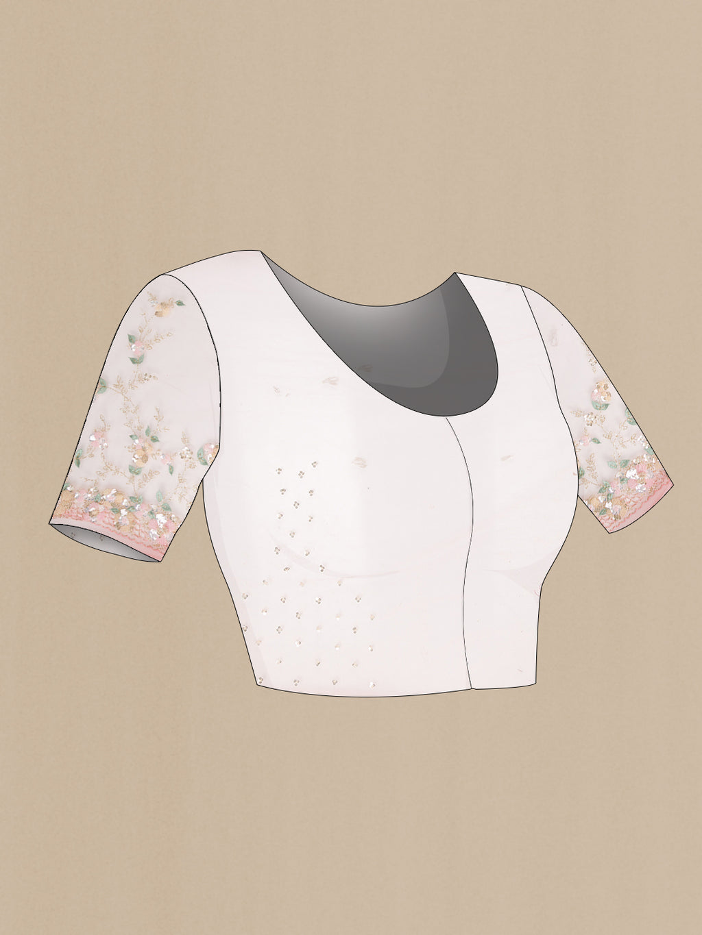 Close up image of the blouse of Pink Organza Saree with Embroidered on the body and Embroidered Border. 