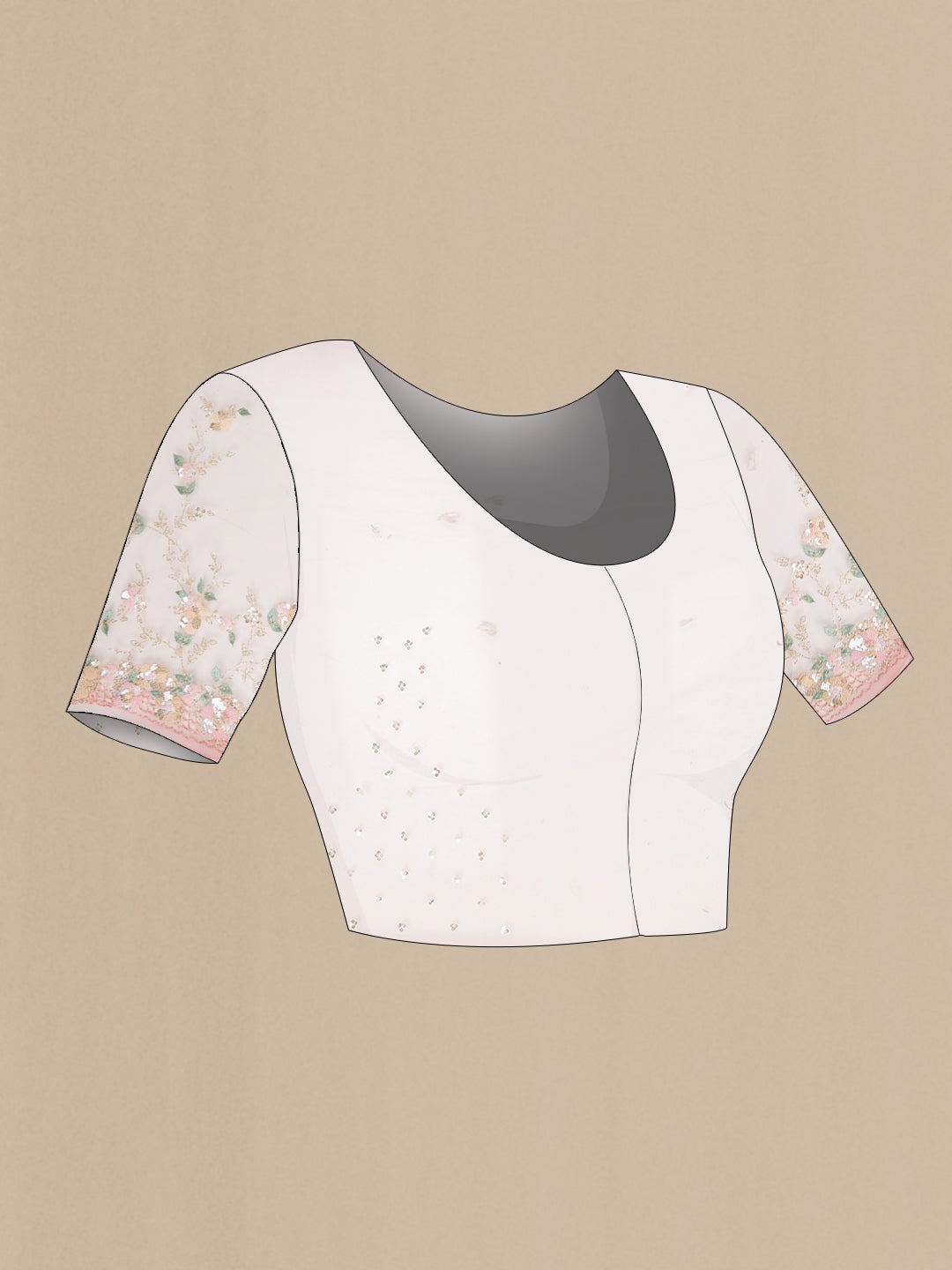 Close up image of the blouse of Pink Organza Saree with Embroidered on the body and Embroidered Border. 