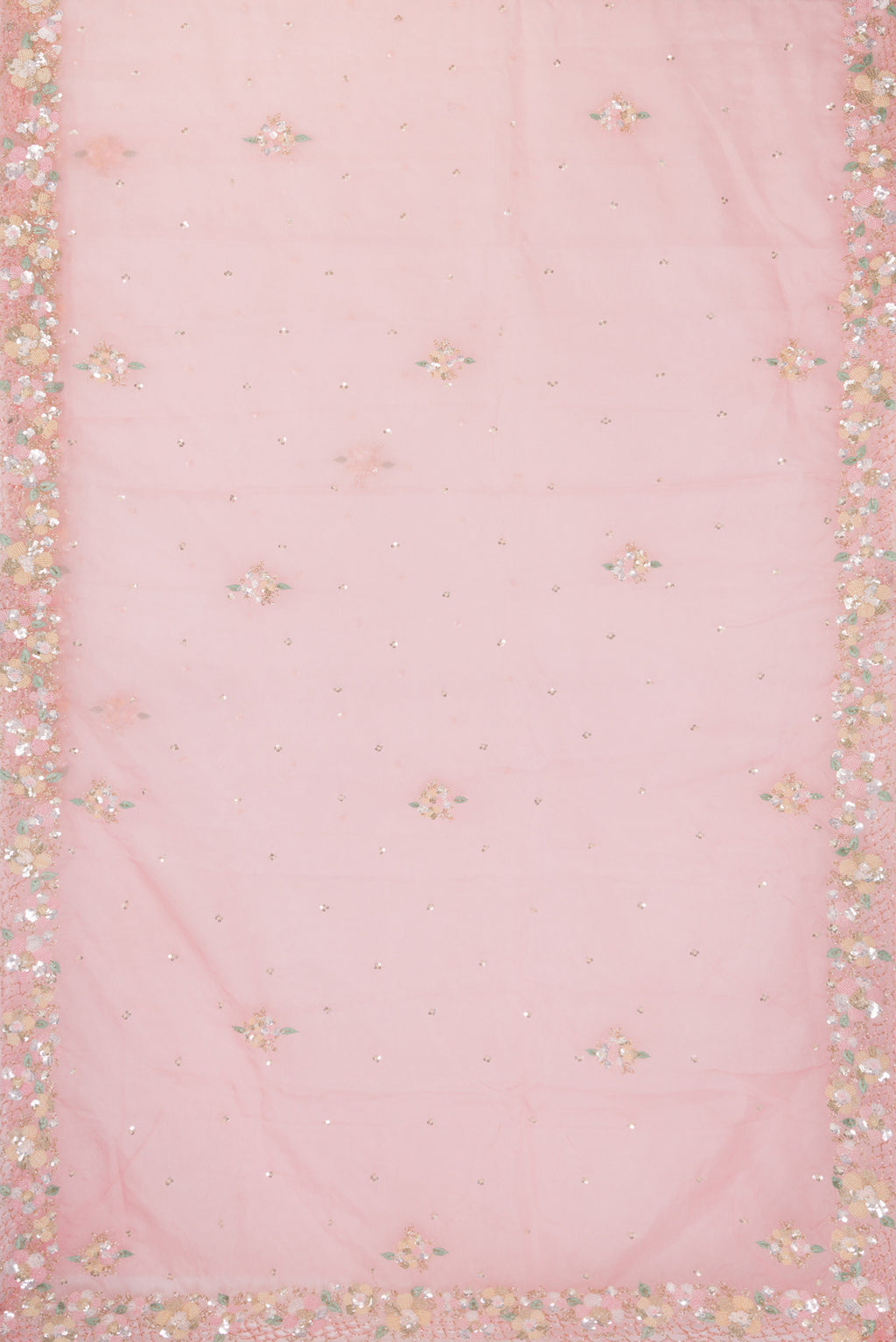 Flat view of Pink Organza Saree with Embroidered on the body and Embroidered Border. 