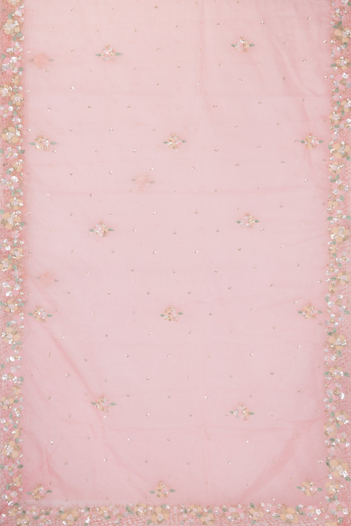 Flat view of Pink Organza Saree with Embroidered on the body and Embroidered Border. 