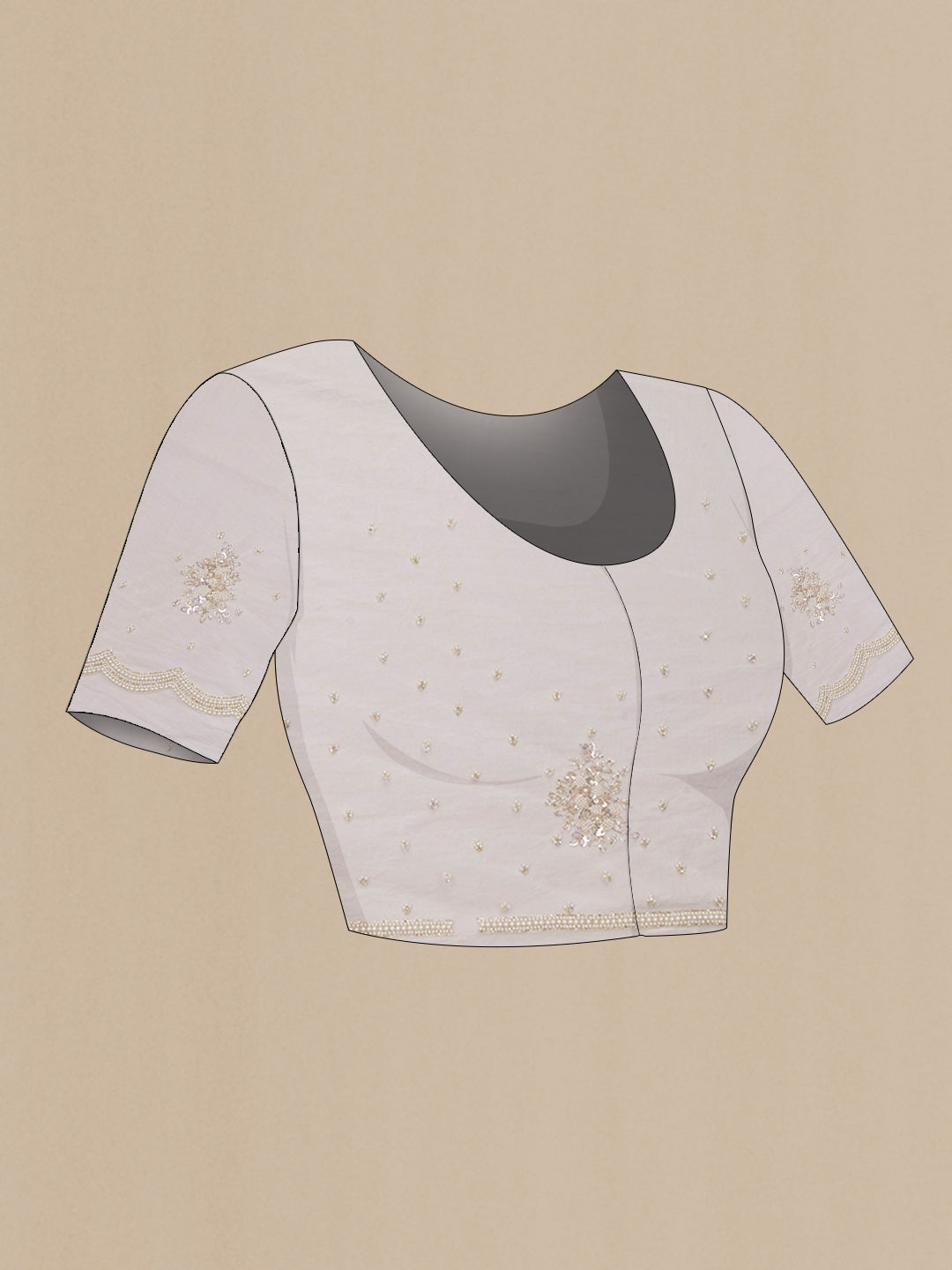 Close up image of the blouse of Off White Organza Saree with Embroidered on the body and Embroidered Border. 